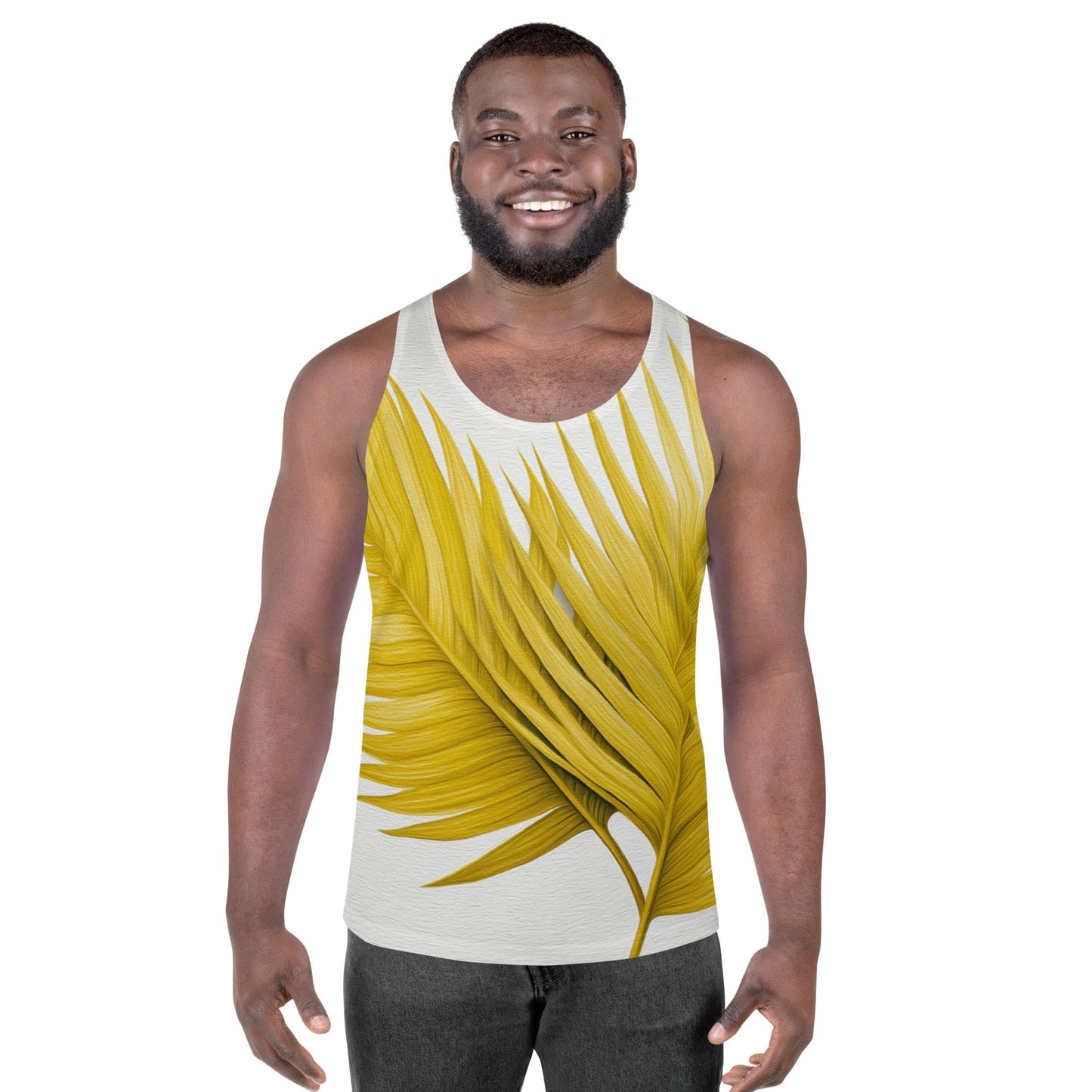 Mens Stretch Fit Tank Top - Yellow Palm Leaves